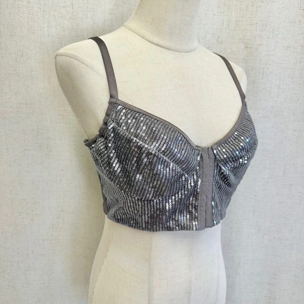 Moda International Sequin Bustier Crop Top Charcoal Grey Corset Bralette Size 12